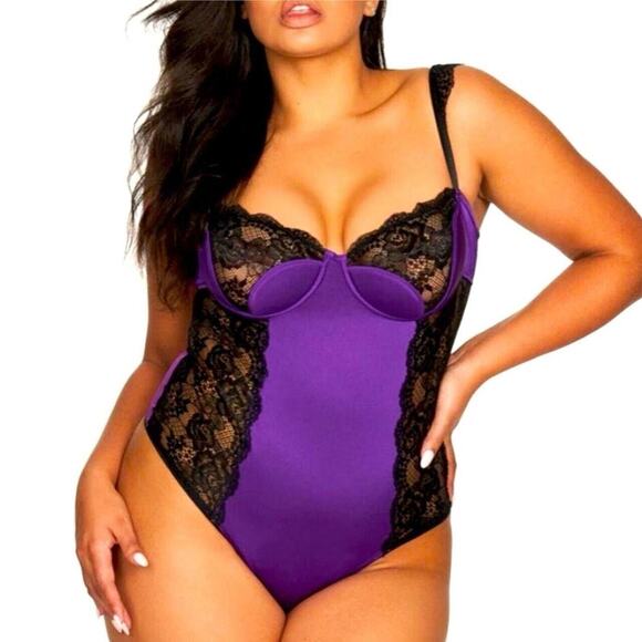 NWT Frederick's Of Hollywood Iliana Purple Black Lace Satin Teddy M Medium
